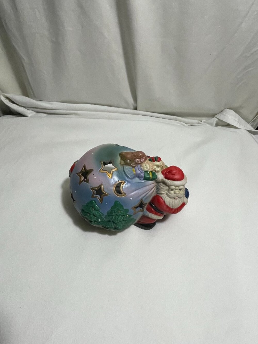 Ceramic Santa Claus Toy Sack Tealight Candle Holder Moon Stars Christmas Decor
